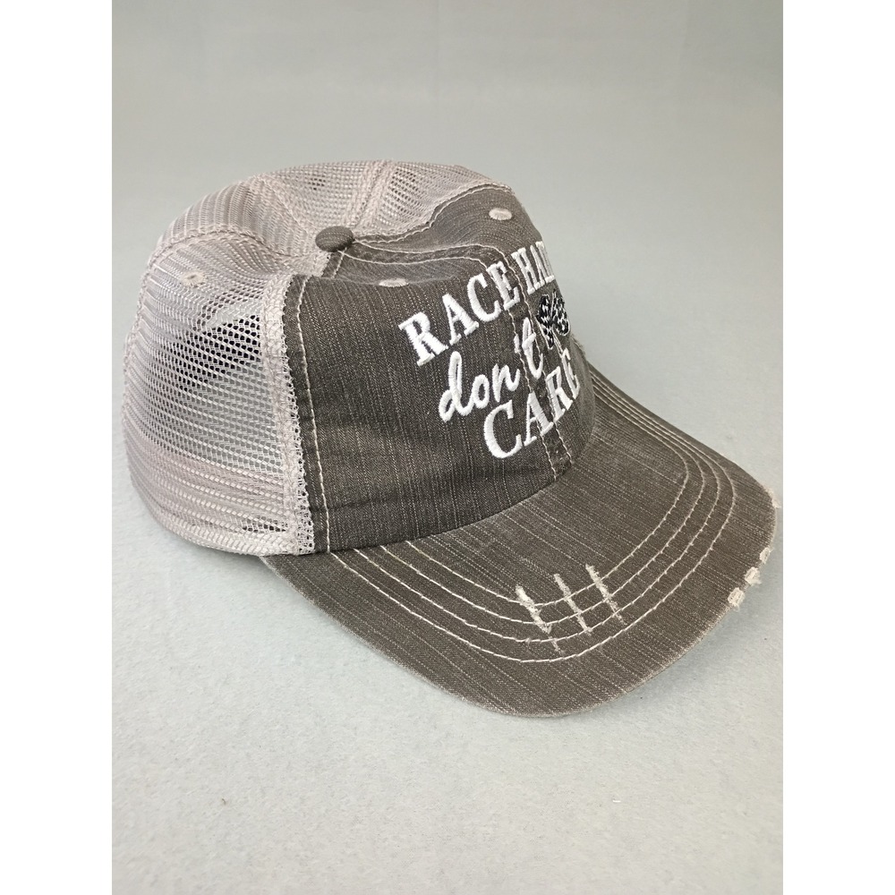 Race Hair Don't Care Trucker Hat Distressed Gray Mesh Back Racing Baseball Cap